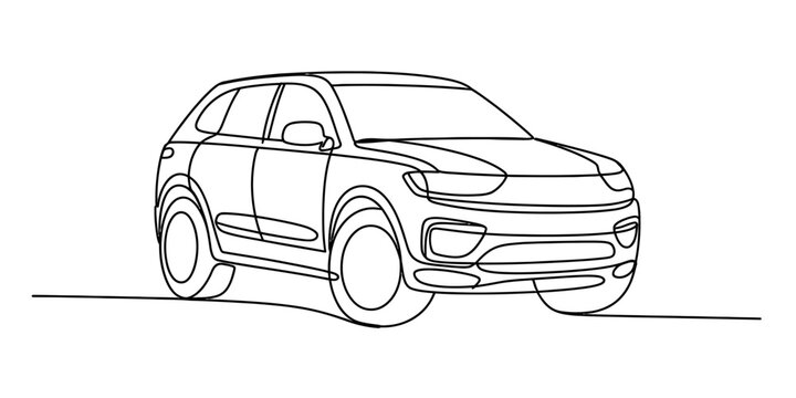 Modern suv car outline drawing, simple black and white line art, front view, clean design