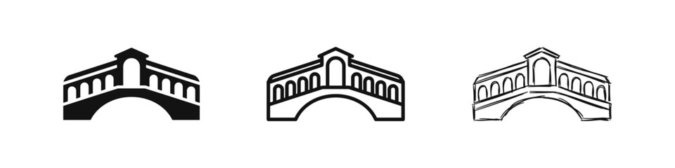 Rialto Bridge Icon Set, Venice Italy Landmark Symbol, Historic Bridge Architecture, Solid Outline Hand Drawn Vector © drawing lines