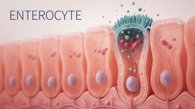 Enterocyte cells in intestine with microvilli absorbing nutrients through cell membrane  science illustration