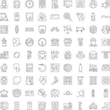 Big set of thin outline icons and pictograms covering diverse concepts, industries and objects for modern uiux, apps, web and mobile design, from business and tech to health, travel and home