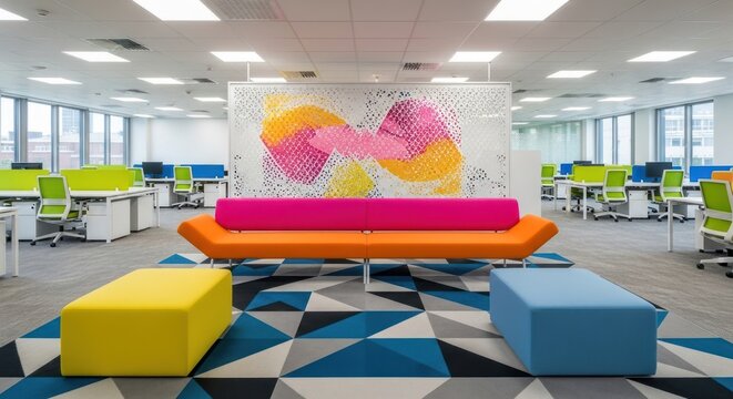 Colorful collaborative workspace lounge with geometric carpet design.