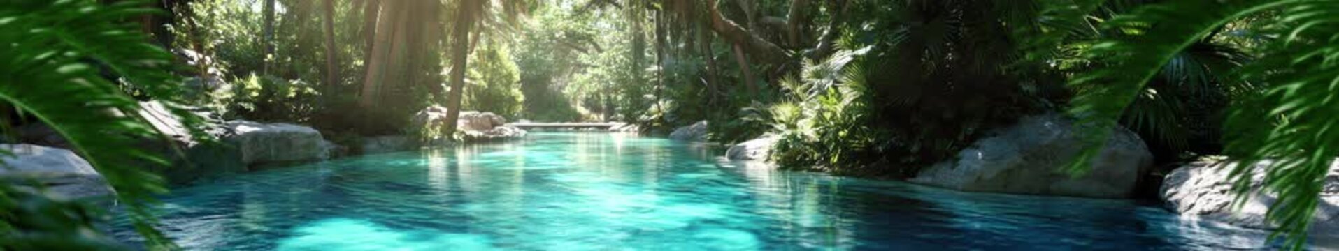 Jungle Lake Panorama with Sunbeams Through Tropical Forest, Lush Greenery, and Mossy Rocks &mdash; Widescreen Paradise Landscape