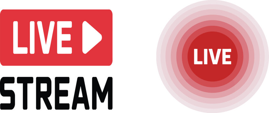 Red live stream button icons set with broadcasting signal circles and media play symbol layout vectorRed live stream button icons set with broadcasting signal circles and media play symbol layout vect