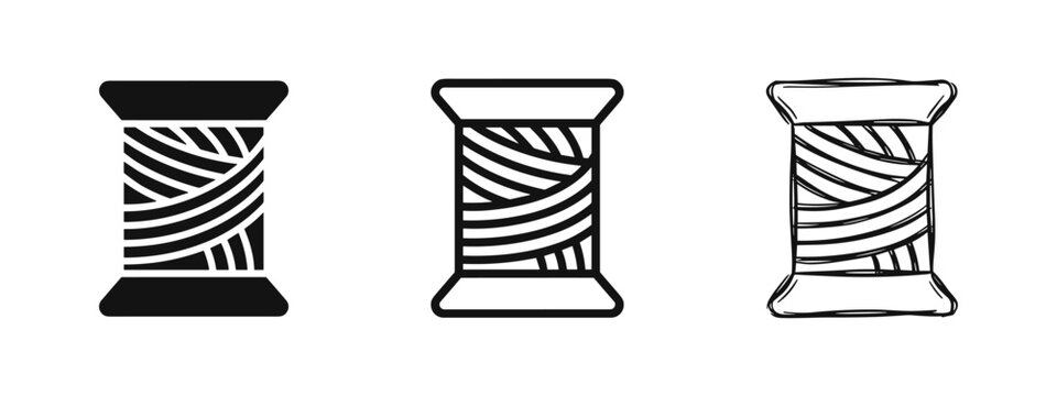 Sewing thread spool icons in solid, outline, and hand-drawn styles for craft and tailoring