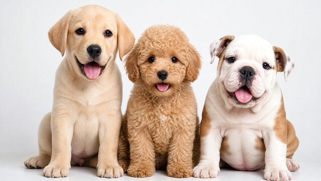 Three adorable puppies of different breeds, sitting together, showcasing their playful personalities and cute expressions.