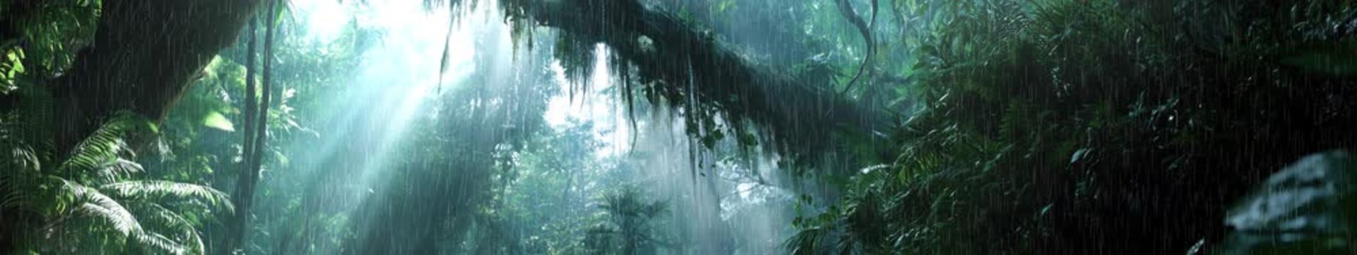 Tropical Rainforest Downpour Panorama with Dramatic Light Rays Through Dense Jungle Canopy and Hanging Vines &mdash; Widescreen Scene