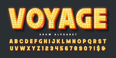 Modern bright lights alphabet design, cabaret, fairy LED lamps letters and numbers.