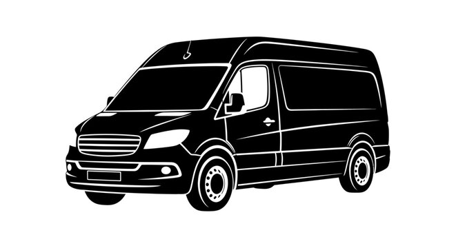 Modern black silhouette delivery van with large windows isolated on white background for business transportation themes