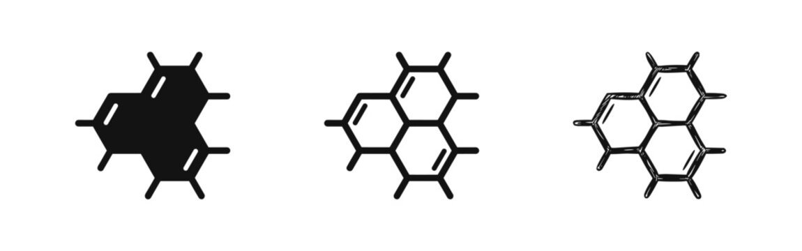 Chemical molecule structure icon set in solid, outline and hand-drawn styles