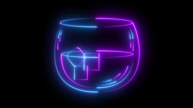 Neon glowing whiskey glass with ice cubes on black background
