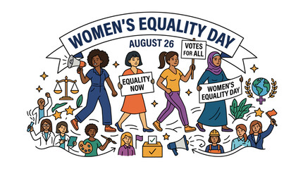 Fototapeta premium Diverse group of women marching for Women's Equality Day.