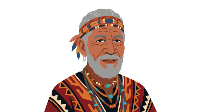 Vibrant portrait of indigenous man wearing traditional headband clothing.