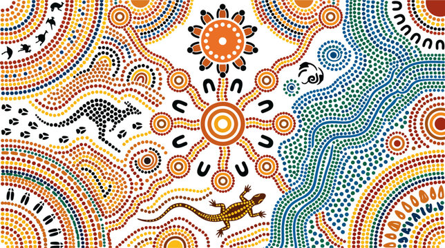 Australian aboriginal dot art with kangaroo and lizard.