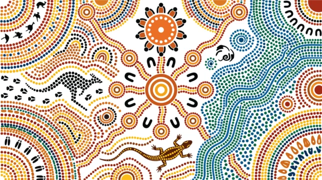Australian aboriginal dot art with kangaroo and lizard.