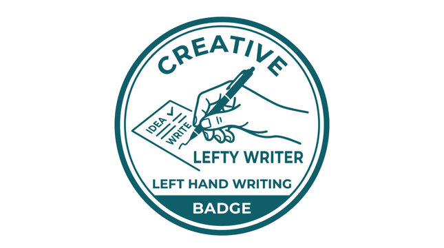 Creative Lefty Writer left hand writing circular badge emblem.