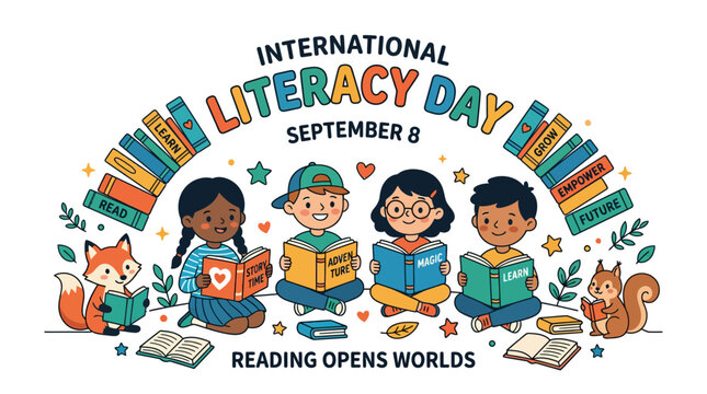 Diverse children reading books for International Literacy Day celebration.