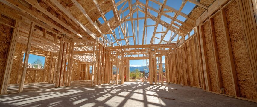 Interior view of a new residential house under construction with wooden framing and roof trusses