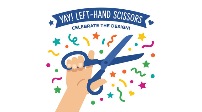 Hand holding blue left-hand scissors with colorful confetti celebration.
