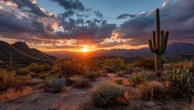 Beautiful sunset over the Sonoran Desert with giant Saguaro cactus and distant mountains