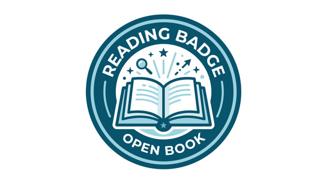 Circular reading badge emblem with open book icon.