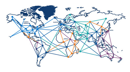 Abstract world map with global network connectivity lines. © Umul_art