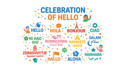 Multilingual hello greetings in a colorful celebratory design. © hadi