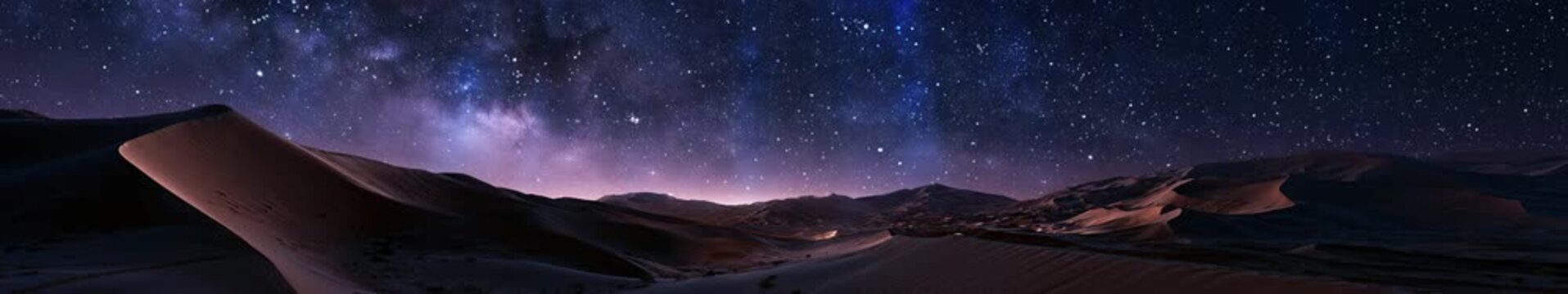 Night Sky Over Desert Sand Dunes Panorama with Starfield and Distant Mountains &mdash; Widescreen Landscape