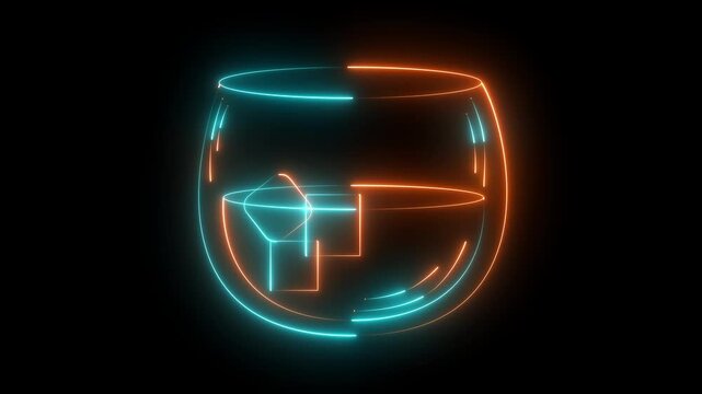 Neon glass of whiskey with ice cubes on black background
