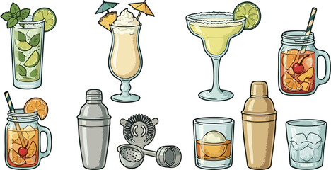 Vintage Cocktail Drink Set with Mojito Margarita Pina Colada Old Fashioned and Bar Tools © Amanda