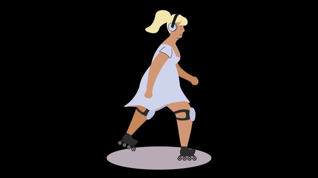 Plus Size Cartoon Girl on Roller Skates. Seamless Loop Animation for Health and Fitness Concept.