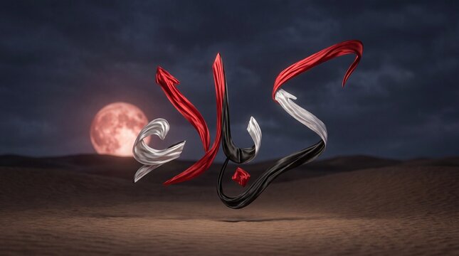 The Arabic calligraphy Karbala fabric text design Islamic First month desert sand red moon night background