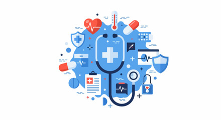 Obraz premium Flat Vector Medical Concept Illustration with Stethoscope, Healthcare Icons, Insurance Shield, and Cardiology Symbols