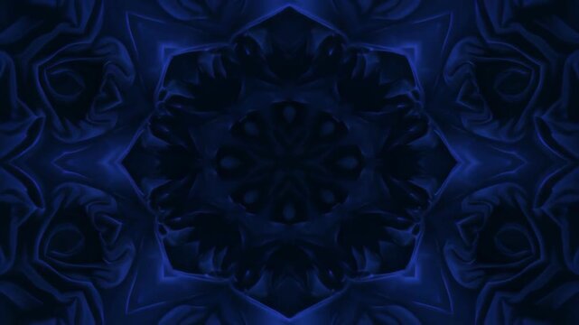 Symmetrical blue kaleidoscope fractal pattern with depth.