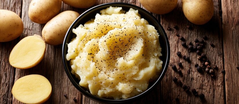 Bowl of mashed potatoes with black pepper on wooden background
