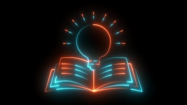 Neon glowing light bulb above an open book