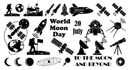 Space Exploration and World Moon Day Vector Icon Set © MDAMINUL