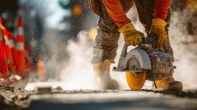 Construction worker using a circular saw to cut concrete pavement on a dusty construction site
