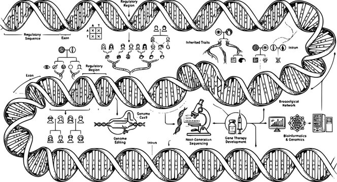DNA structure forming a long chain, repeating multiple times and illustrating the complexities of genetic code, heredity, and advancements in biological research