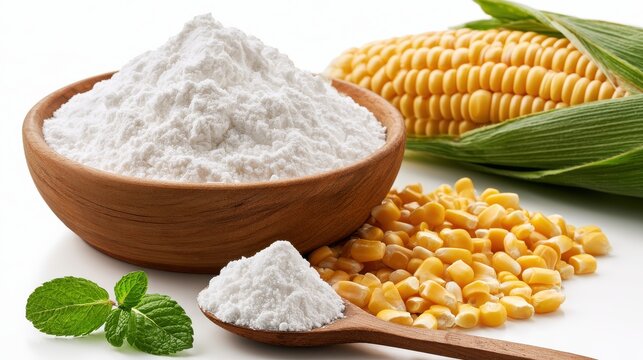 Cornstarch in a wooden bowl and on a spoon isolated on white background