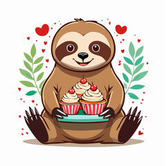 Obraz premium Cute Sloth Holding Cupcakes with Hearts and Leaves