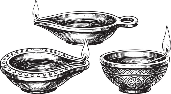 Set of indian oil lamps with fire, hinduism diwali festival of lights traditional symbol.