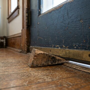 Simple Wooden Wedge Doorstop on Hardwood Floor as Holding Back and Blocker Metaphor