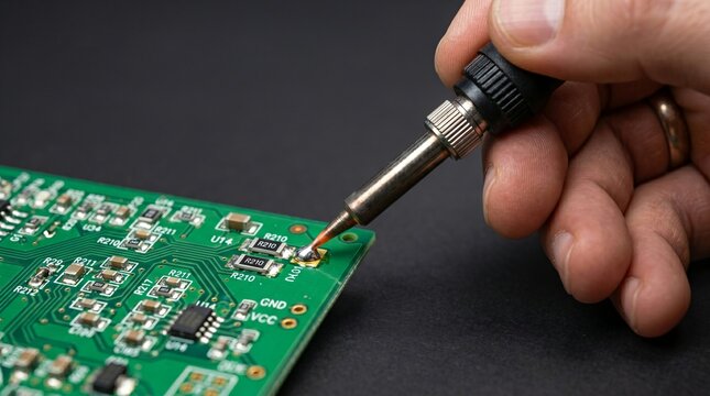Hand Using Soldering Iron on Green Printed Circuit Board, Electronics Repair and Precision Work