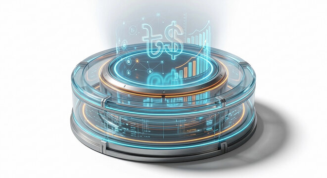 Futuristic fintech digital platform projecting holographic Bangladeshi Taka and US Dollar symbols with financial growth charts on a white background. ৳📊