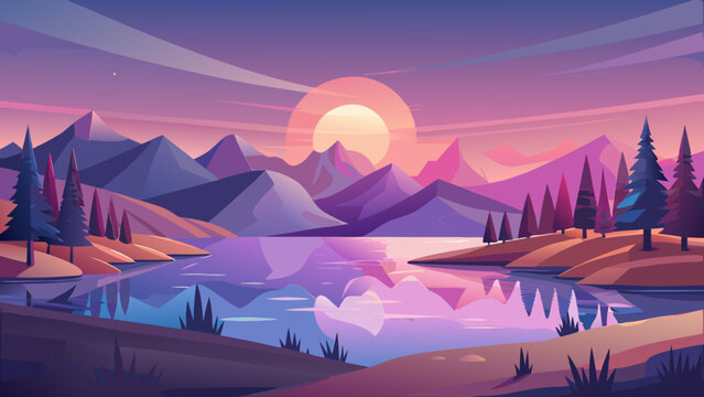 A serene 3d landscape featuring rolling hills, a calm reflective lake, and a glowing sunset with stylized linear tree in a soft palette
