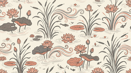Fototapeta premium Japanese style seamless pattern with lotus flowers, lily pads, reeds, and koi fish in a
