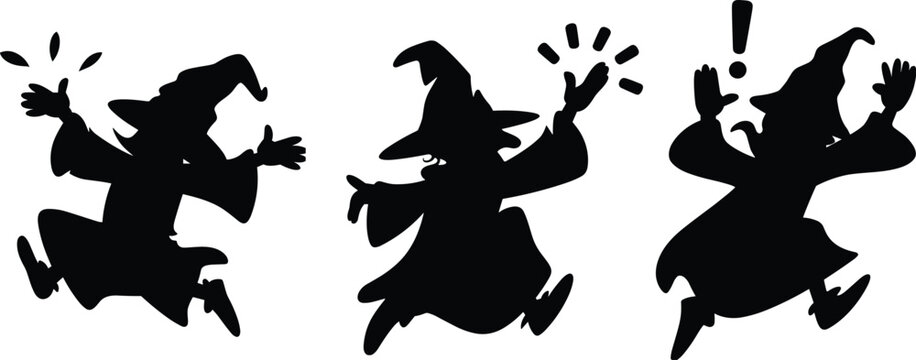 A professional minimalist vector silhouette set featuring spooky halloween cartoon wizard sorcerer characters cast magic spells