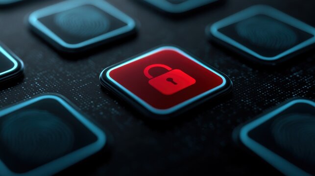 Conceptual red lock icon on dark digital keyboard interface
