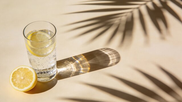 Sparkling Lemon Water With Palm Shadow