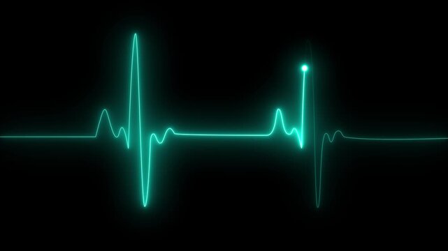 A medical ecg heartbeat monitor displaying a vibrant green waveform on a dark background. Neon green heartbeat line showing a medical pulse rhythm, representing vital life signs and health .